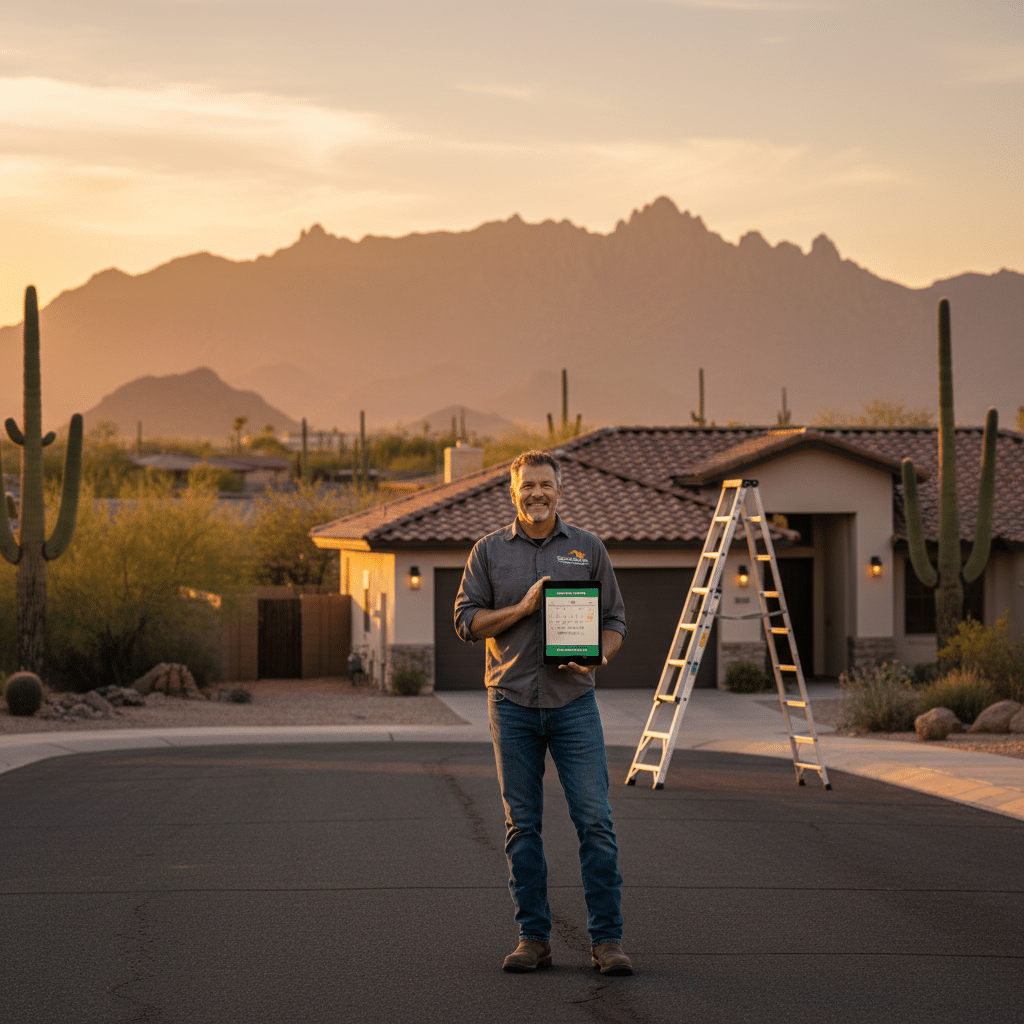 Tucson roofing contractor with a tablet showing a freshly booked appointment from an AI-qualified lead with the Catalina foothills behind