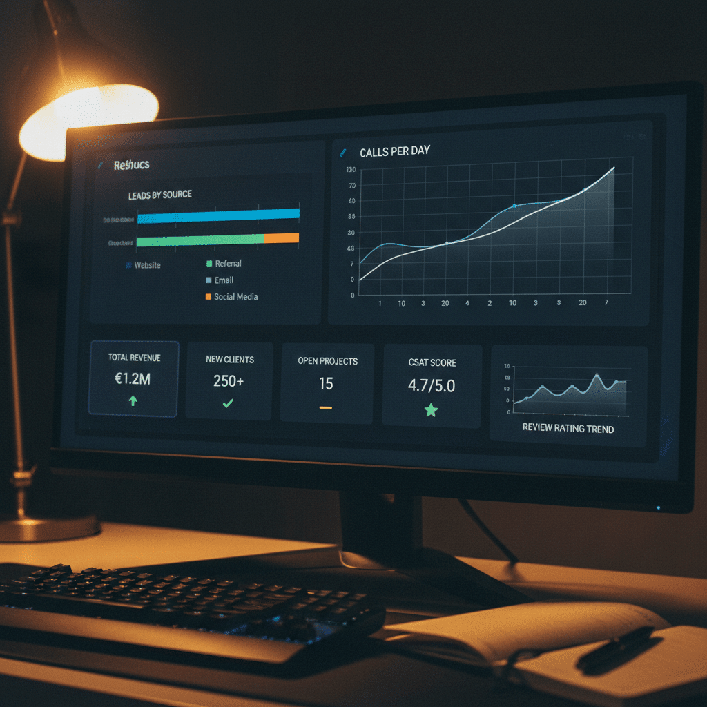 Ultrawide monitor showing a business analytics dashboard with leads, calls, and revenue panels — AI reporting for a Tucson small business