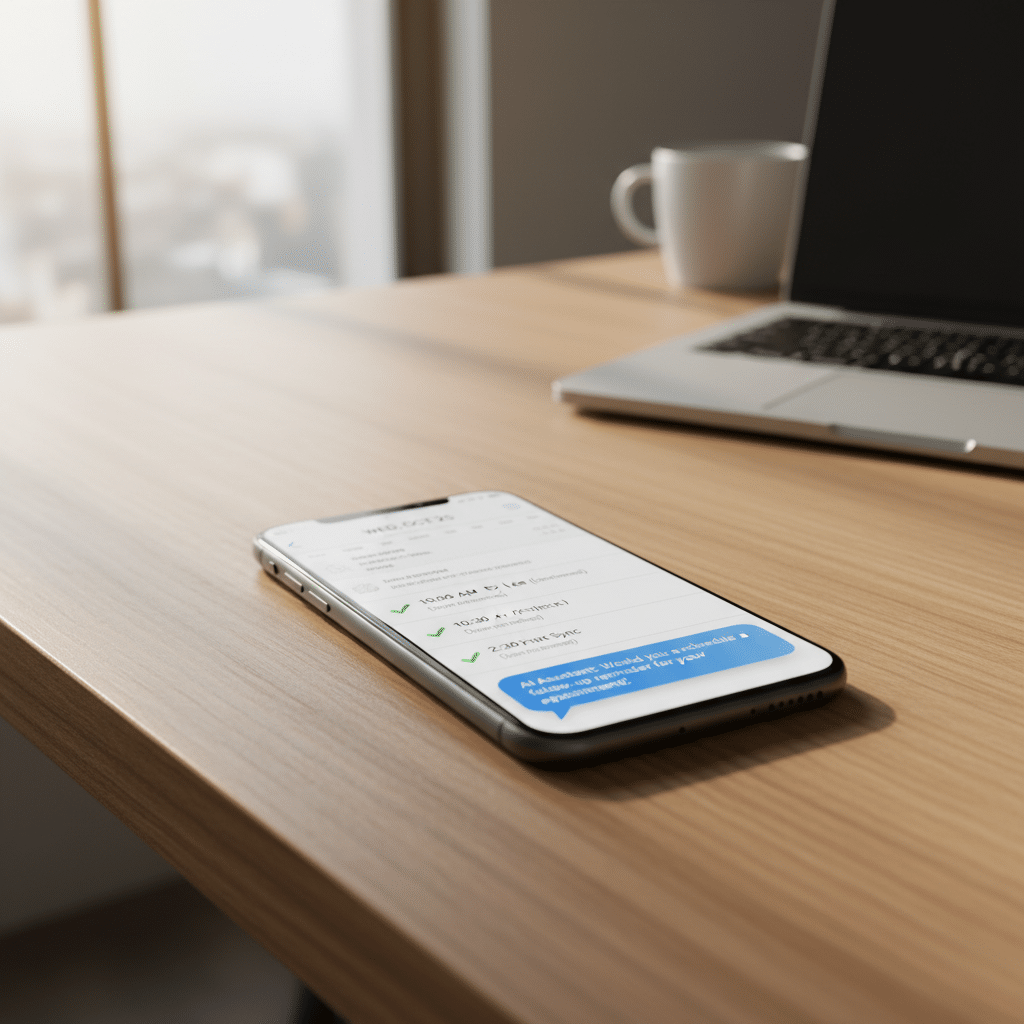 Smartphone showing a booking calendar and an AI follow-up message — small business AI automation in practice