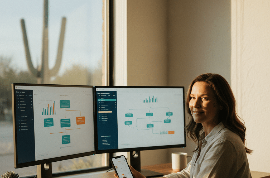 Tucson small business owner reviewing AI automation dashboards and a booking calendar on a desk — small business AI automation in practice