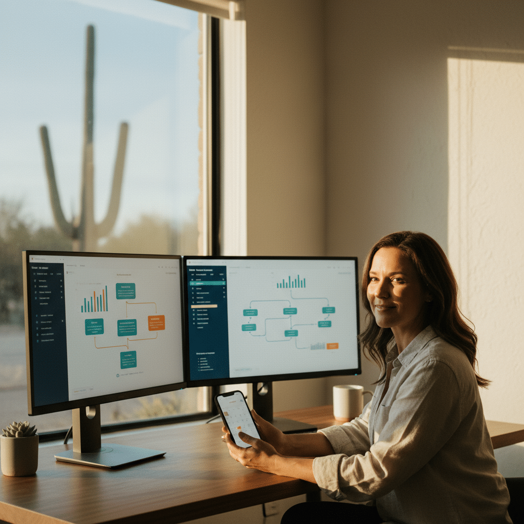 Tucson small business owner reviewing AI automation dashboards and a booking calendar on a desk — the modern small business AI automation stack