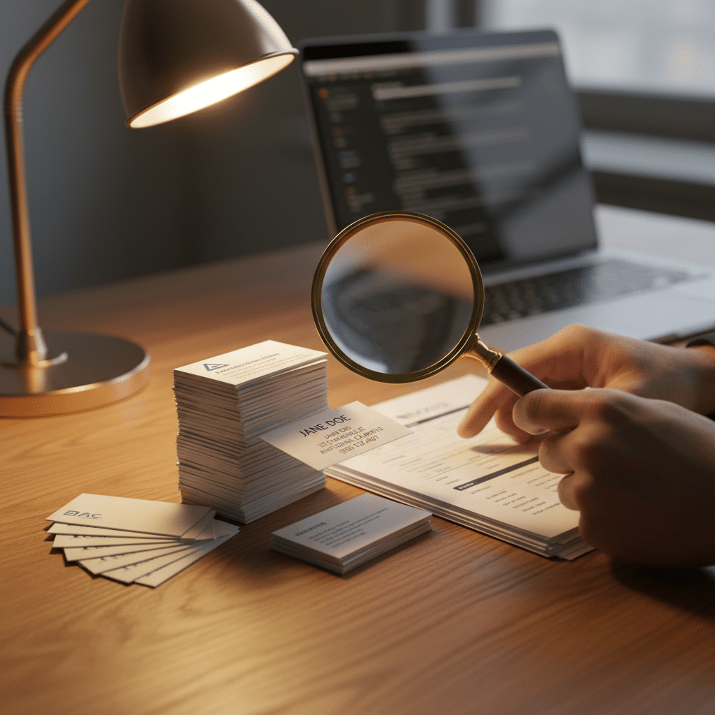 Close-up of hands organizing business cards with a magnifying glass over matched name, address, and phone — NAP consistency in local SEO citations