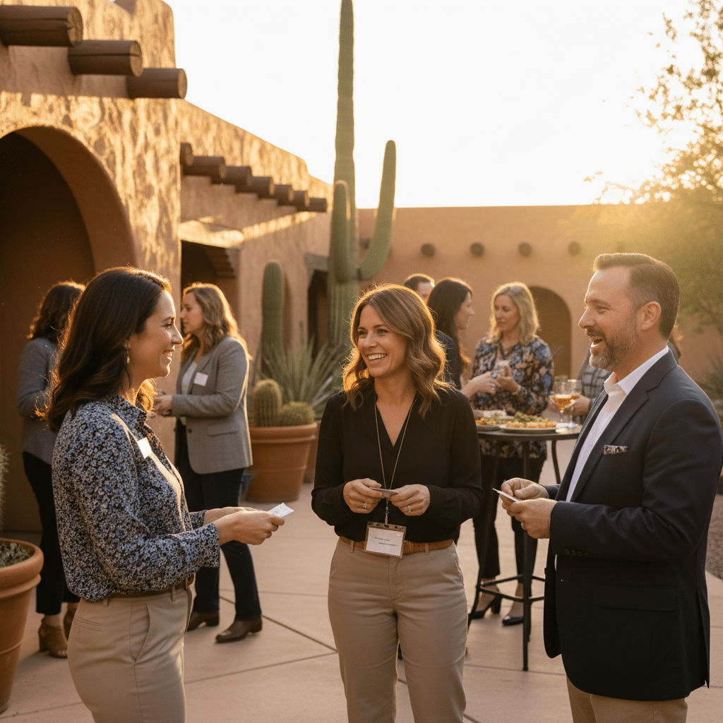 Tucson small business networking event with professionals exchanging business cards — local citation opportunities from chamber and community organizations
