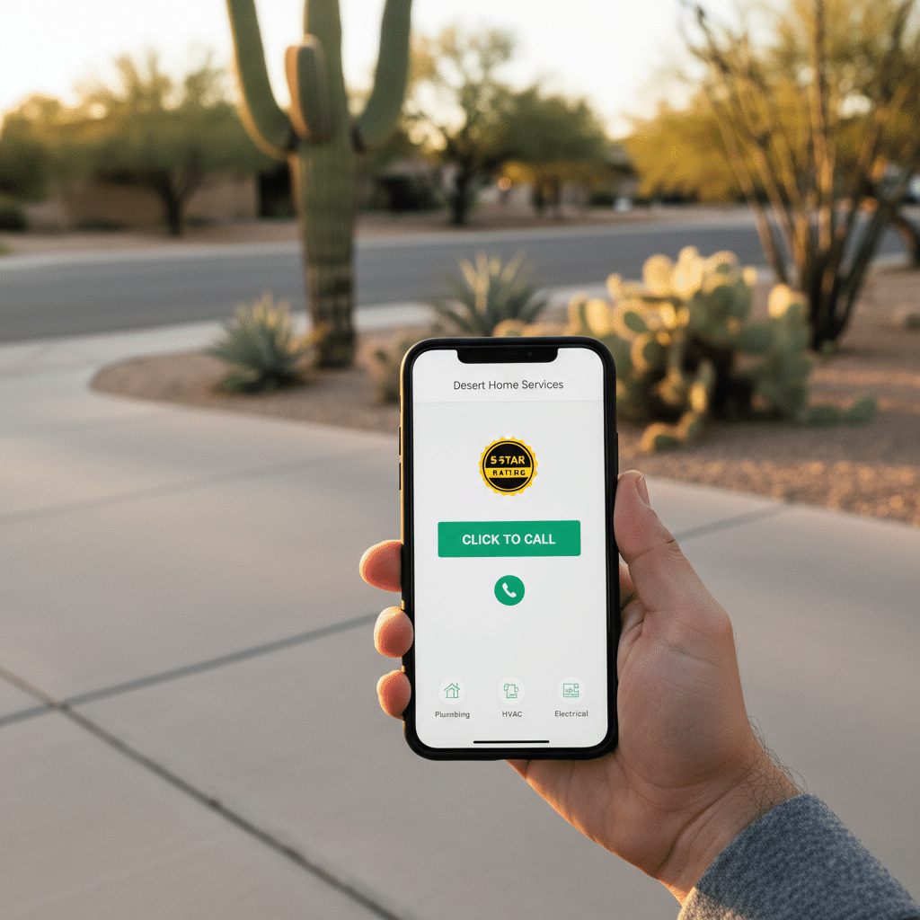 Smartphone showing a Tucson home-services website with a prominent click-to-call button and 5-star review badge — mobile lead capture done right