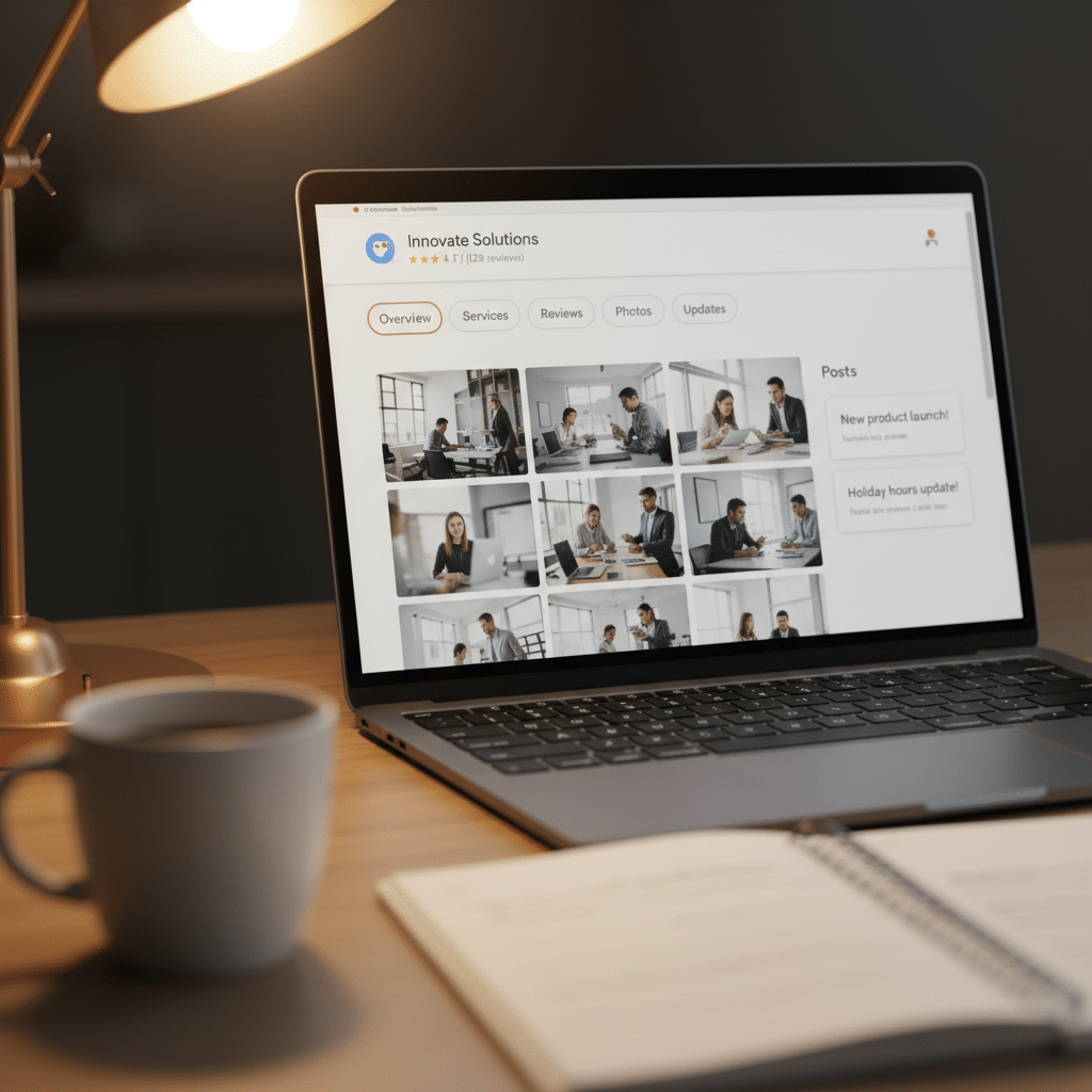 Close-up of a Google Business Profile listing page on a laptop showing category tabs, photo gallery, and posts panel — the layout Google Business Profile optimization targets
