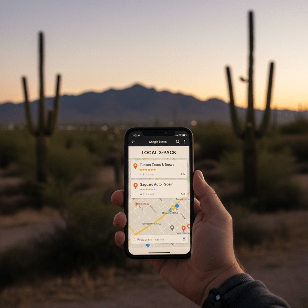 Smartphone showing Google Maps with the local 3-pack visible for a Tucson search — the prime real estate Google Business Profile optimization targets