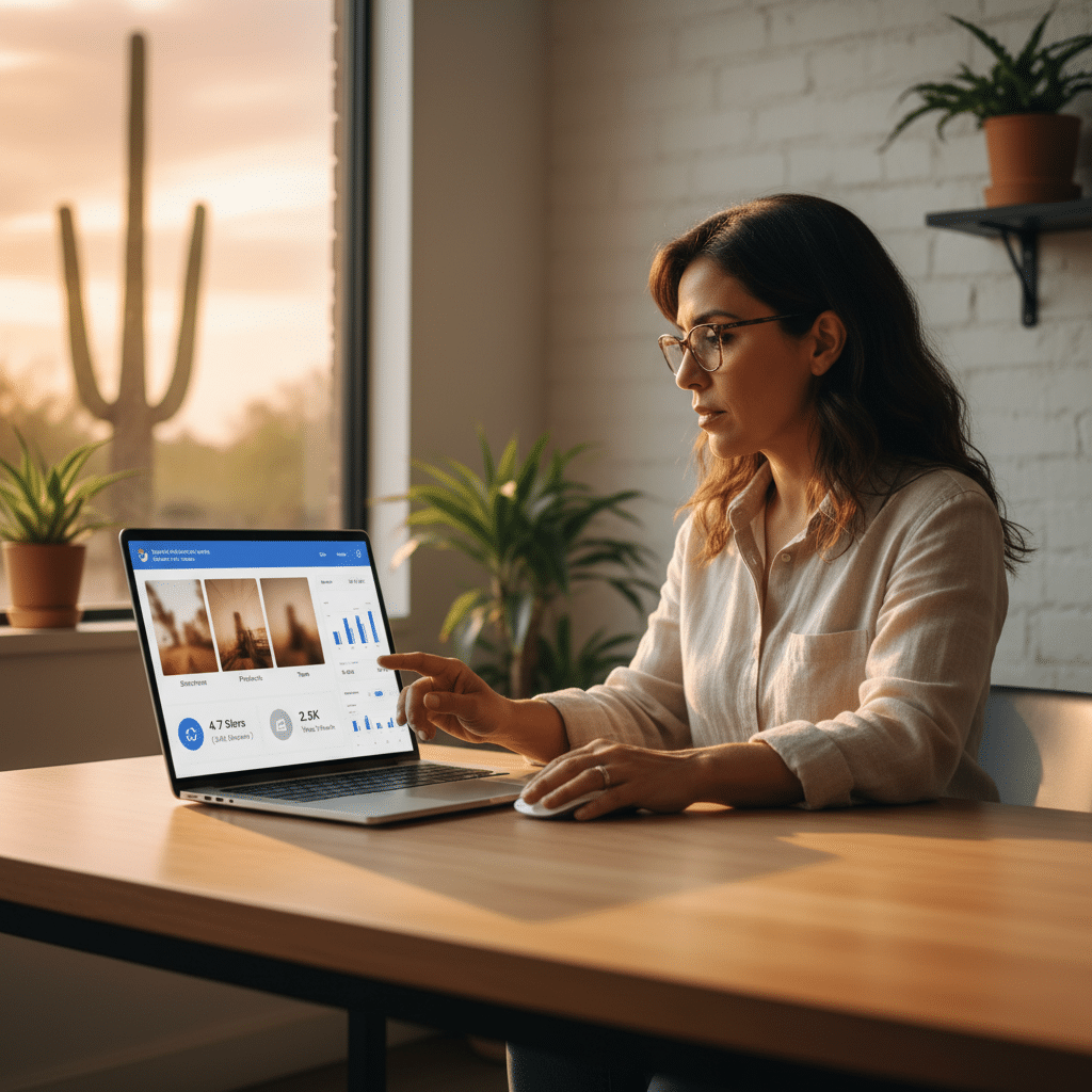 Tucson small business owner reviewing their Google Business Profile management dashboard on a laptop — the foundation of Google Business Profile optimization