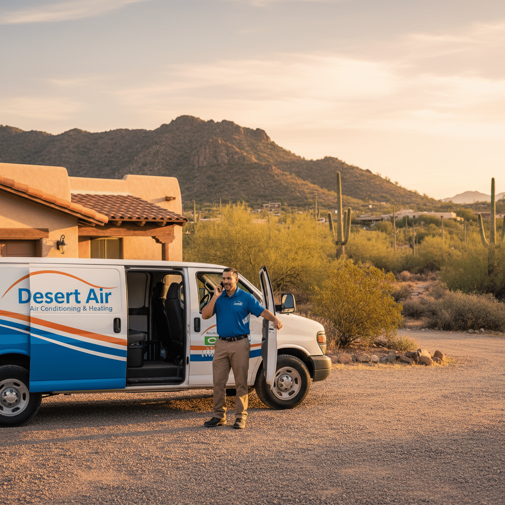 Tucson HVAC technician answering a service call next to a branded service van in a desert driveway