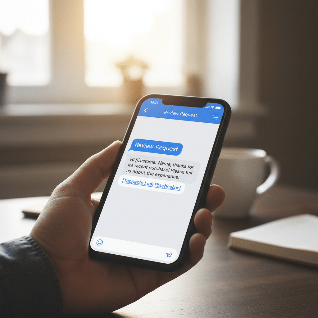 Smartphone showing an SMS review request with a one-tap link — the highest-converting way to get more Google reviews