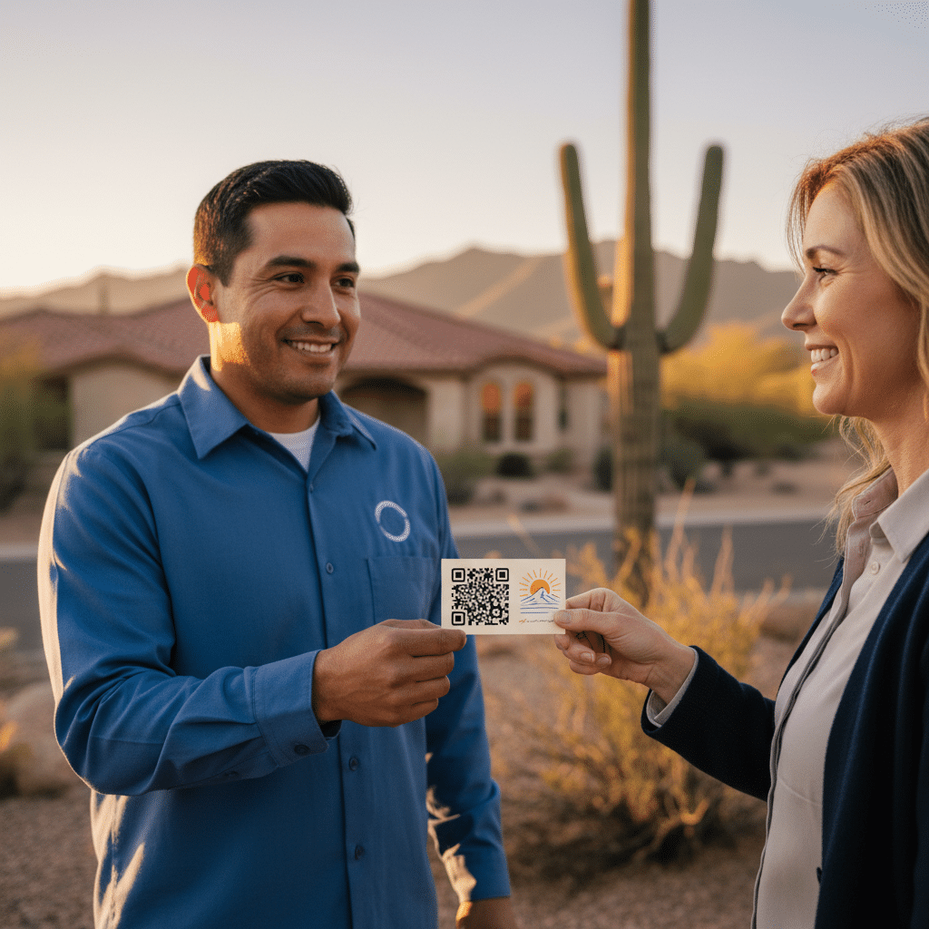 Tucson service technician handing a customer a leave-behind card with a QR code for a Google review — the easy way to get more Google reviews
