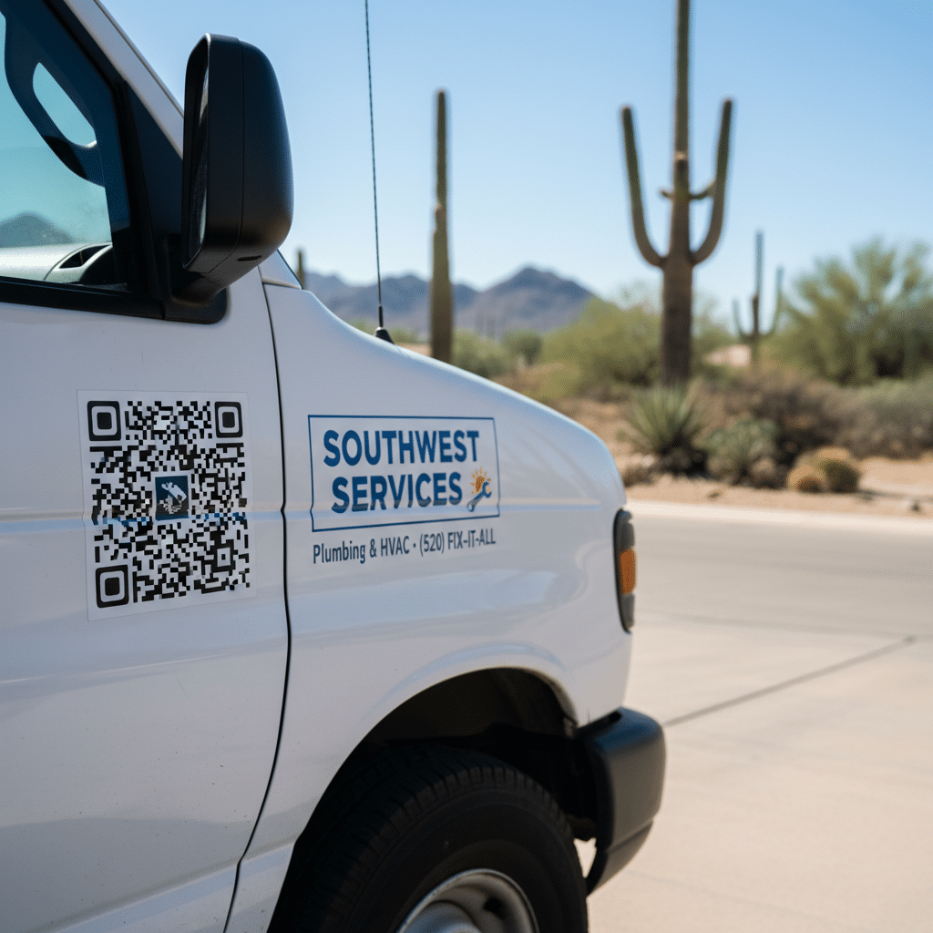 Service van with a QR code sticker visible — the persistent way to get more Google reviews from every job