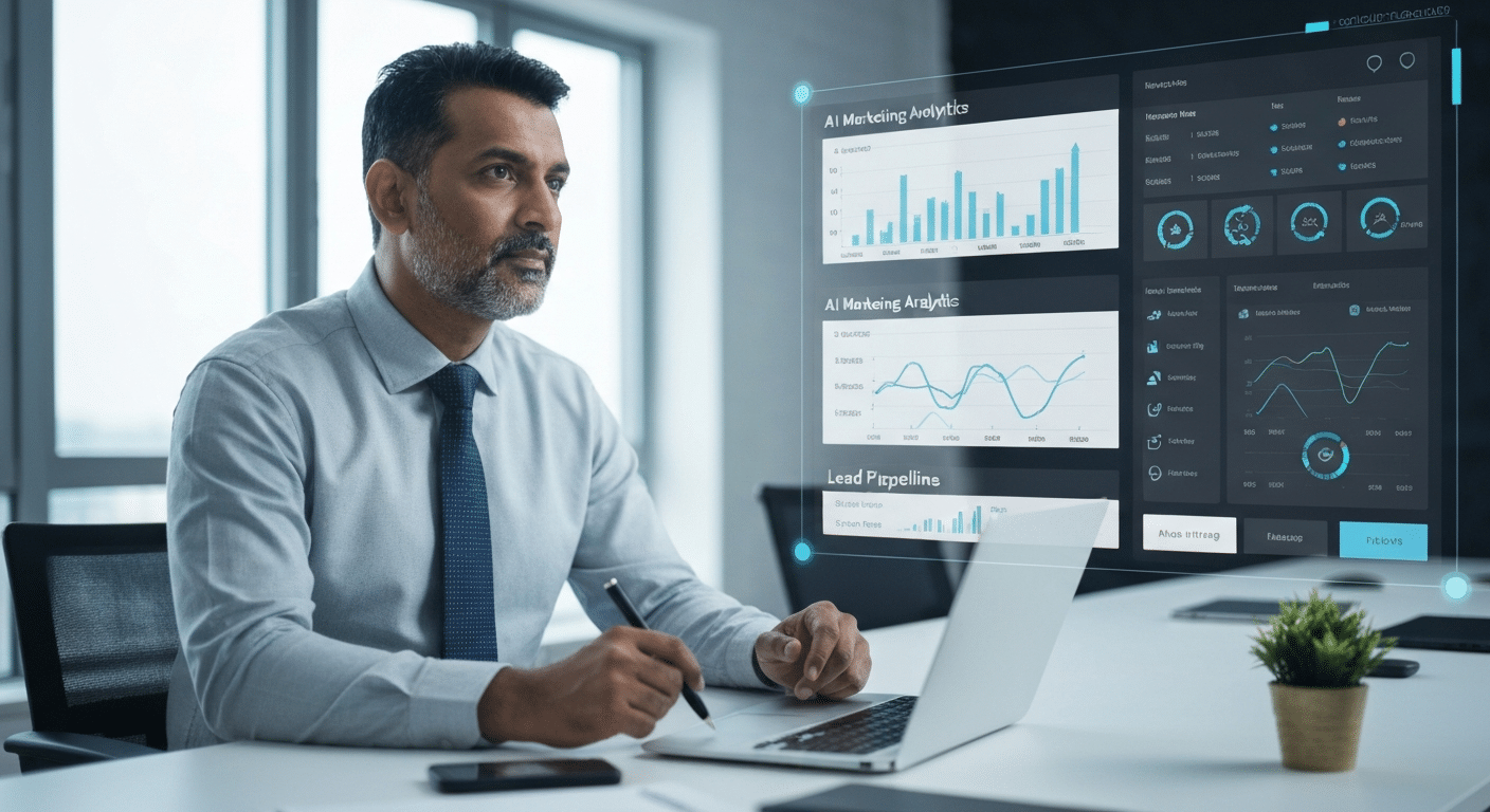 Business owner reviewing AI analytics