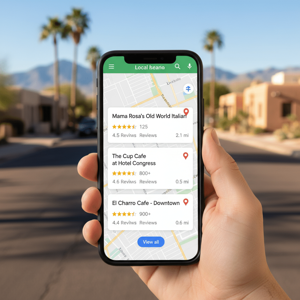 Smartphone showing Google's local 3-pack search results for a Tucson business — the prime real estate that local SEO services target
