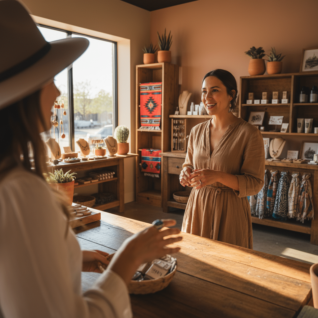 Tucson small business owner serving a customer inside their shop — local SEO connects nearby customers to the right business
