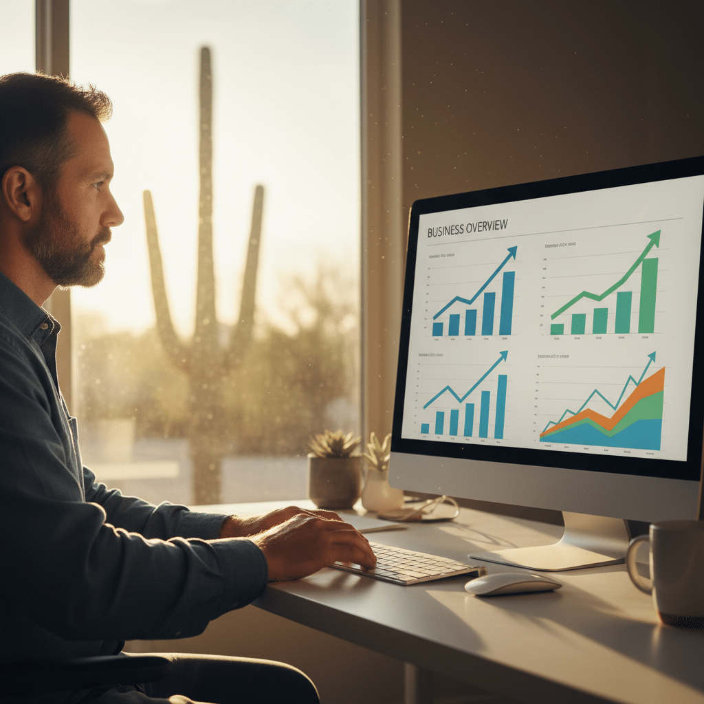 Tucson home-services owner reviewing a leads and revenue dashboard on a monitor with upward-trending charts
