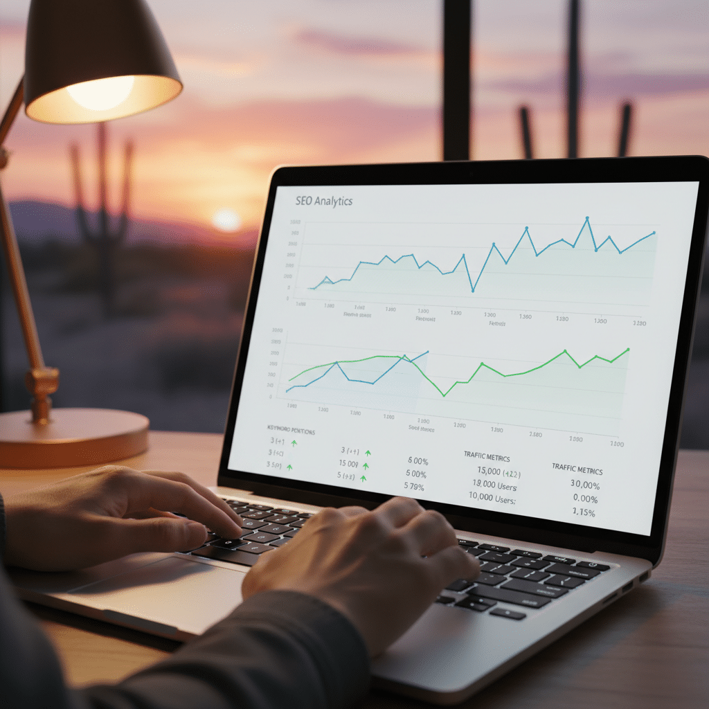 Hands on a laptop showing an SEO analytics dashboard with upward-trending traffic and keyword position graphs