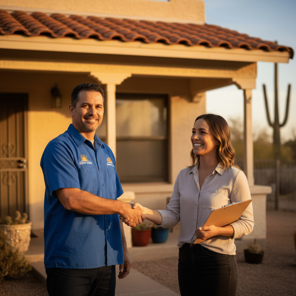 Tucson service company owner shaking hands with a satisfied customer after resolving a complaint — offline resolution is where customer recovery actually happens