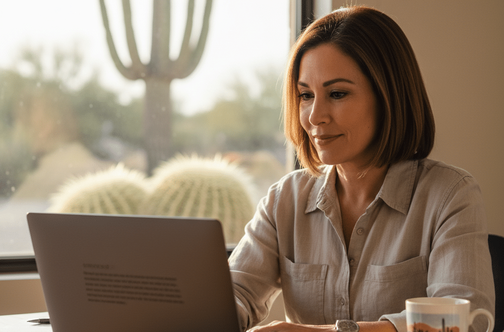Tucson small business owner calmly reading a negative customer review on a laptop, considering how to respond