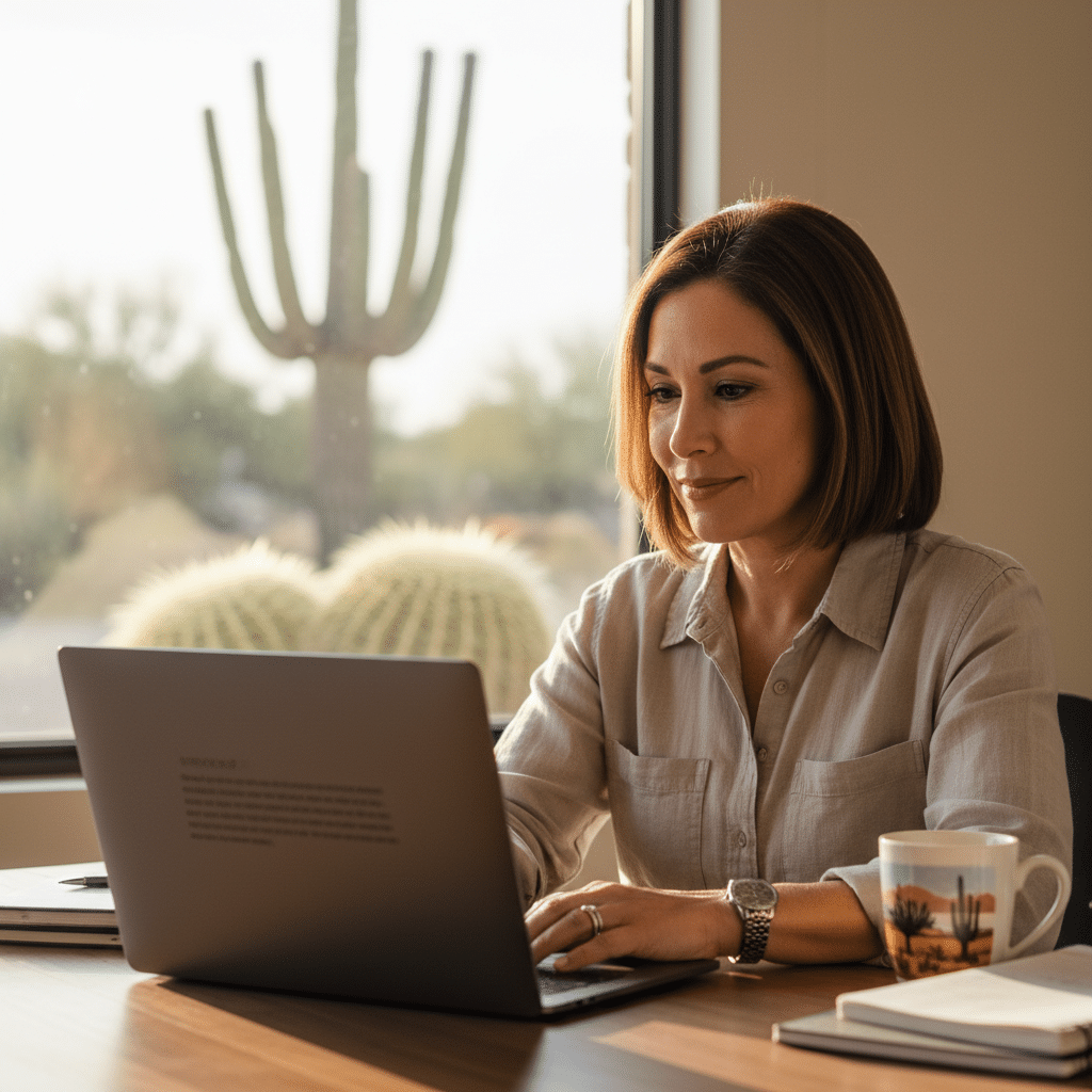 Tucson small business owner calmly reading a negative customer review on a laptop, considering how to respond