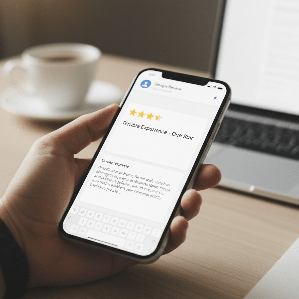 Smartphone showing a Google review with a professional in-progress response — the right way to respond to negative reviews