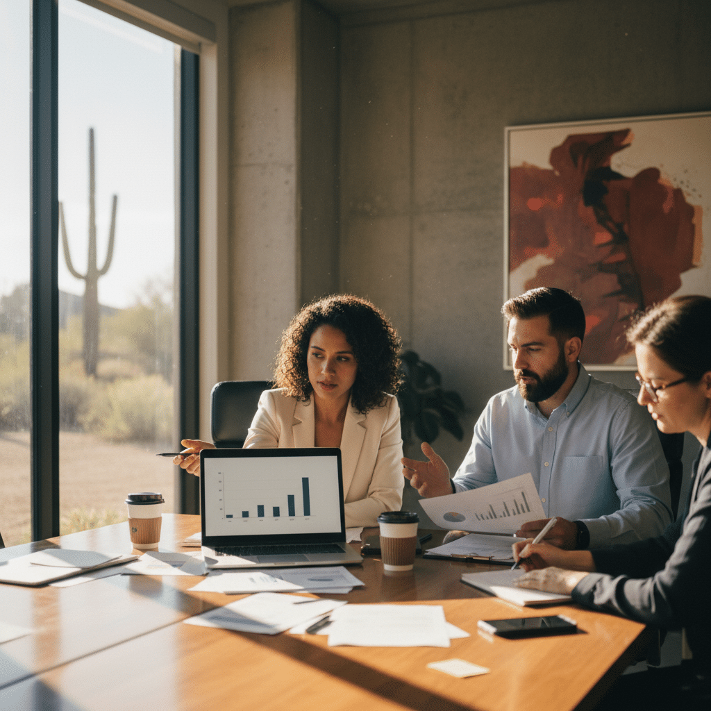 Small marketing team planning a Tucson business visibility strategy around a conference table