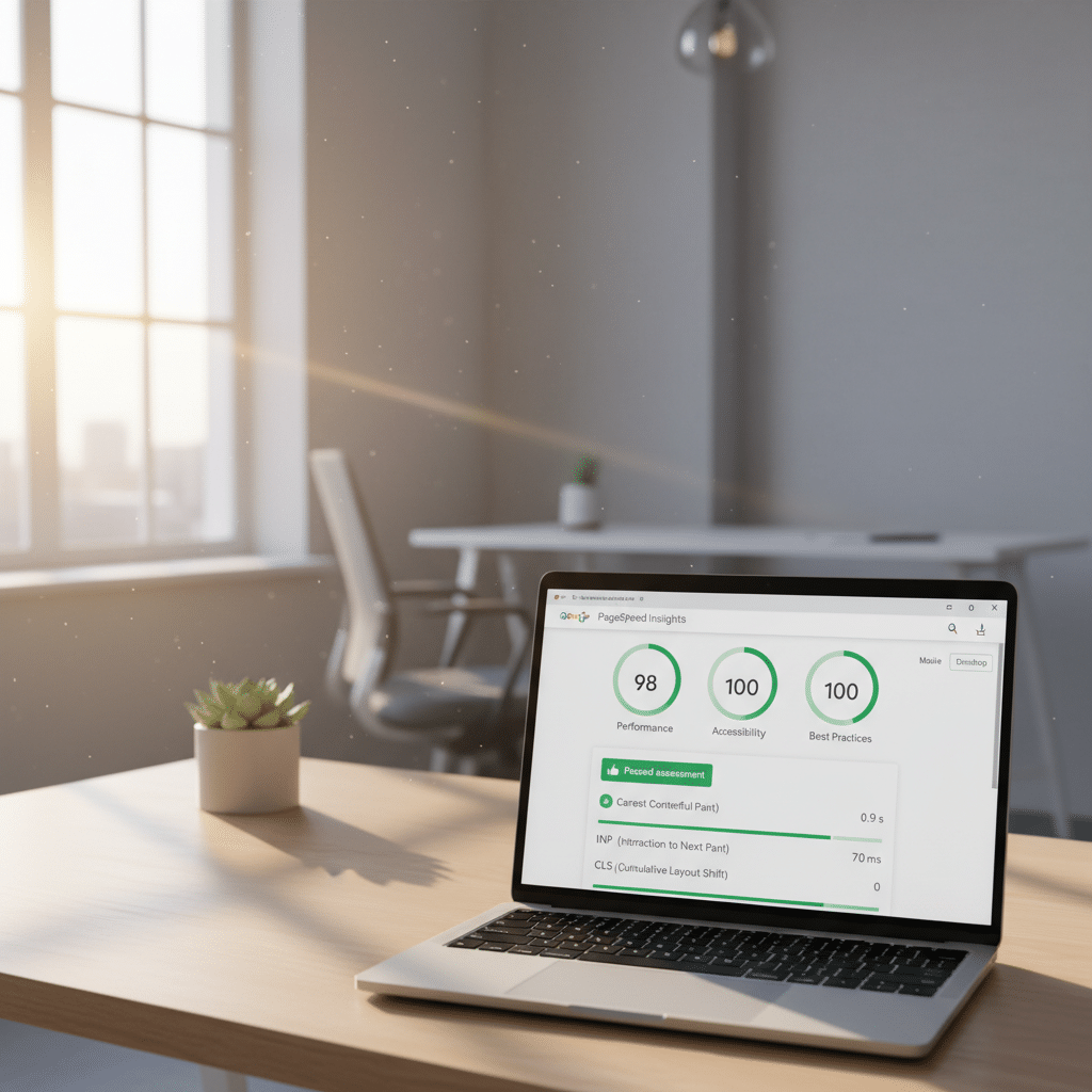 PageSpeed Insights report on a laptop showing three green Core Web Vitals scores — the target state for a Tucson service site
