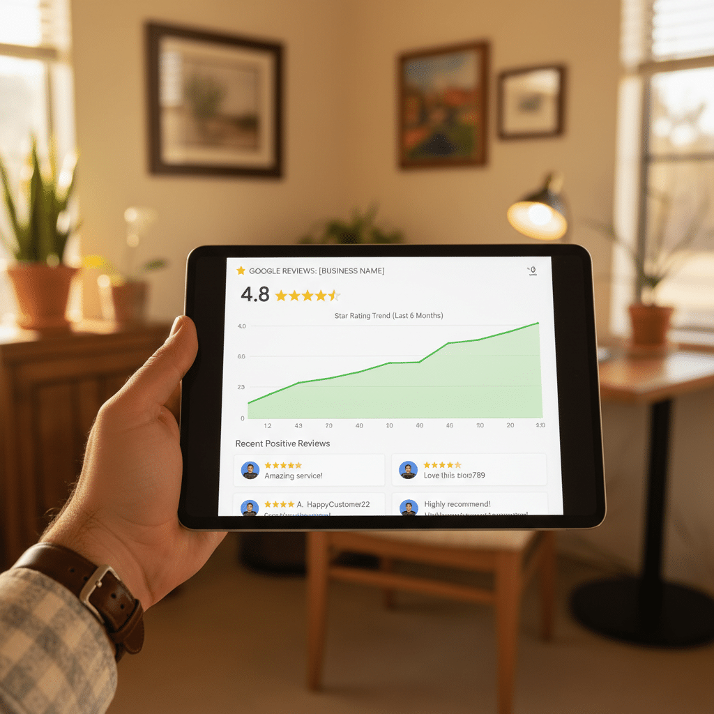 Google Reviews dashboard on a tablet showing a Tucson business's 6-month star rating trend rising back up — recovery from a bad month