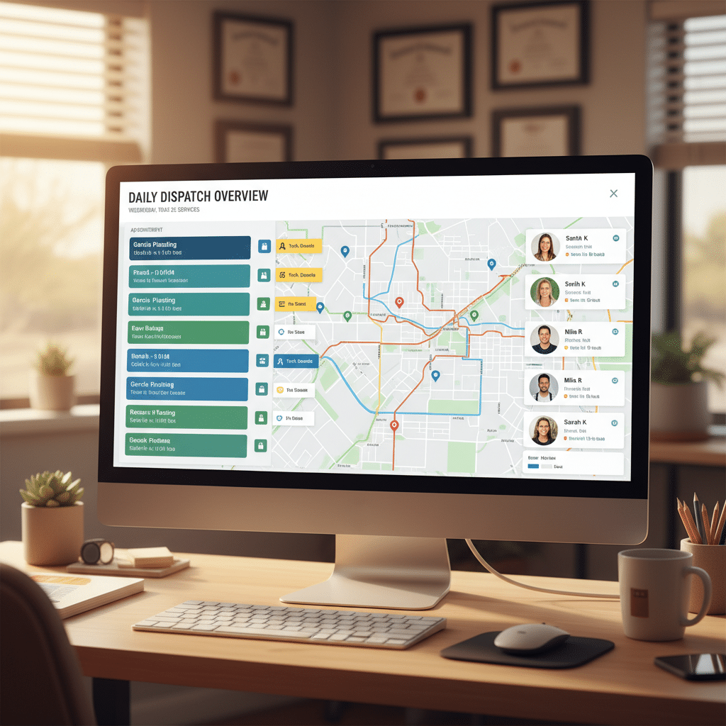 Tucson trade-services dispatcher schedule on a desktop monitor with appointments and route map — the AI booking stack output
