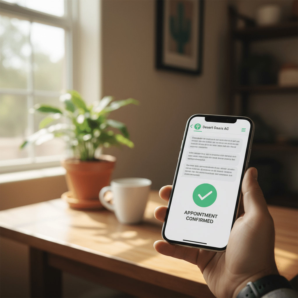 Tucson homeowner reviewing AI-generated appointment confirmation SMS on smartphone