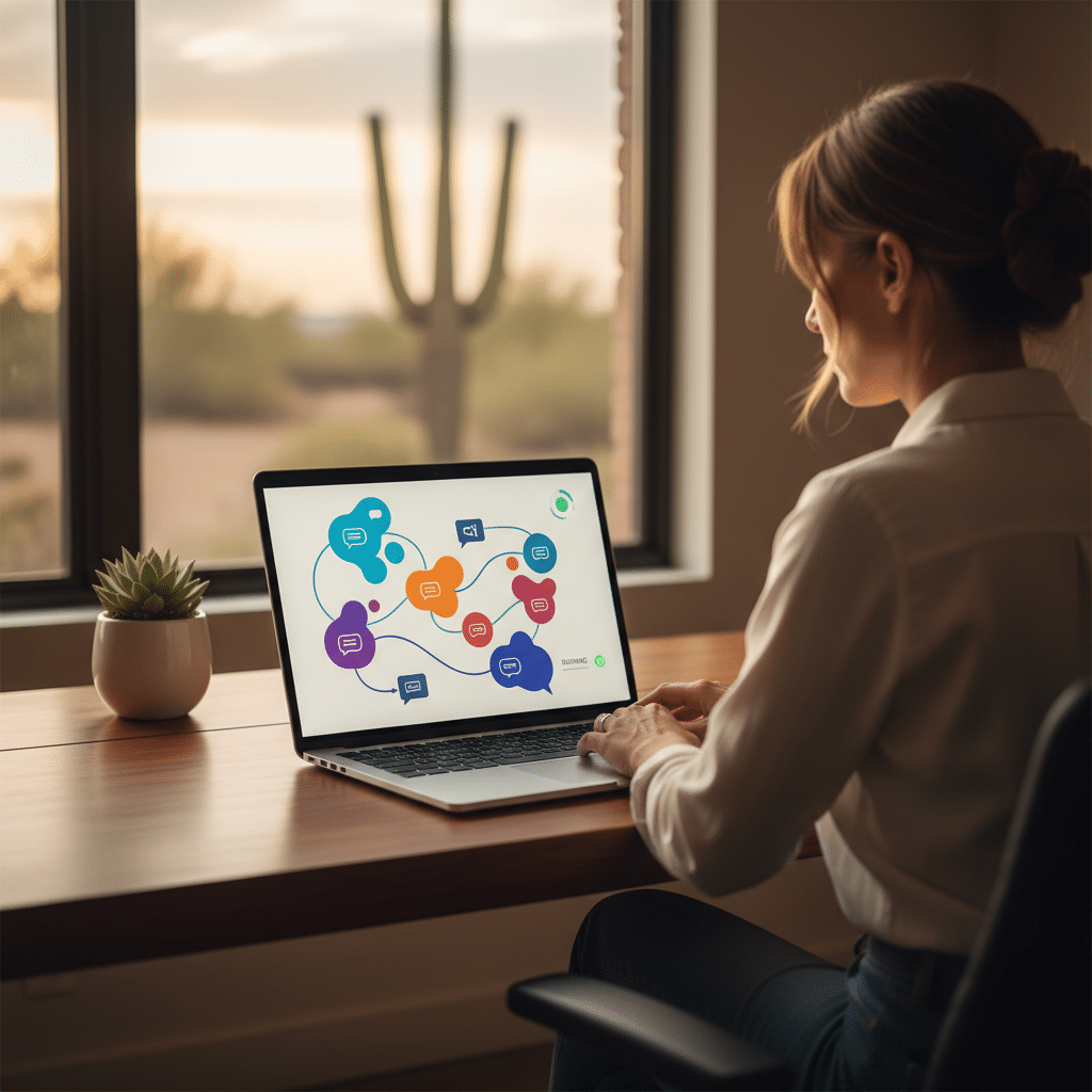 Tucson business owner reviewing an AI automation workflow dashboard on a laptop