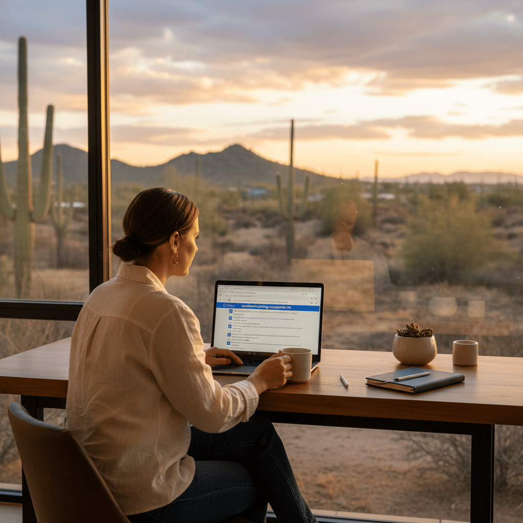 Tucson business owner reviewing AI search results on a laptop