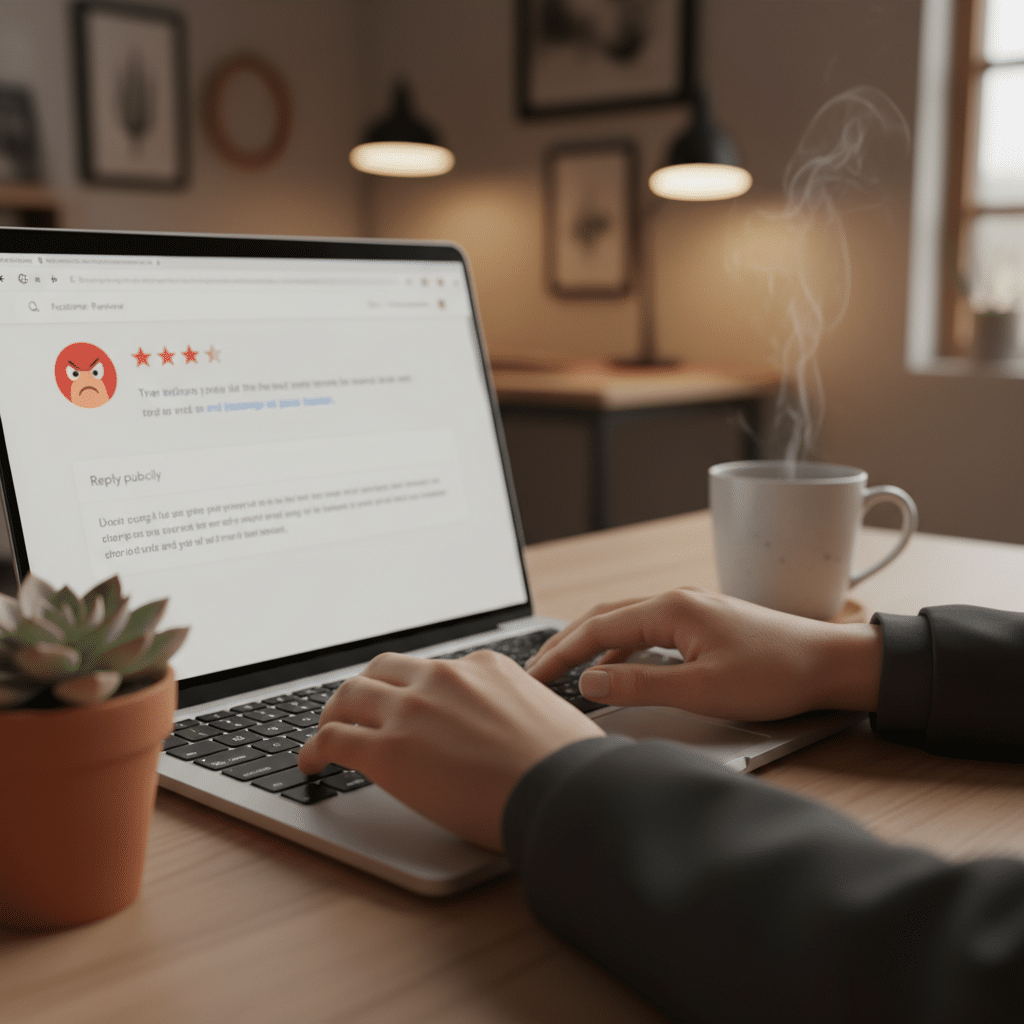 Business owner typing a thoughtful response to a Google review on a laptop