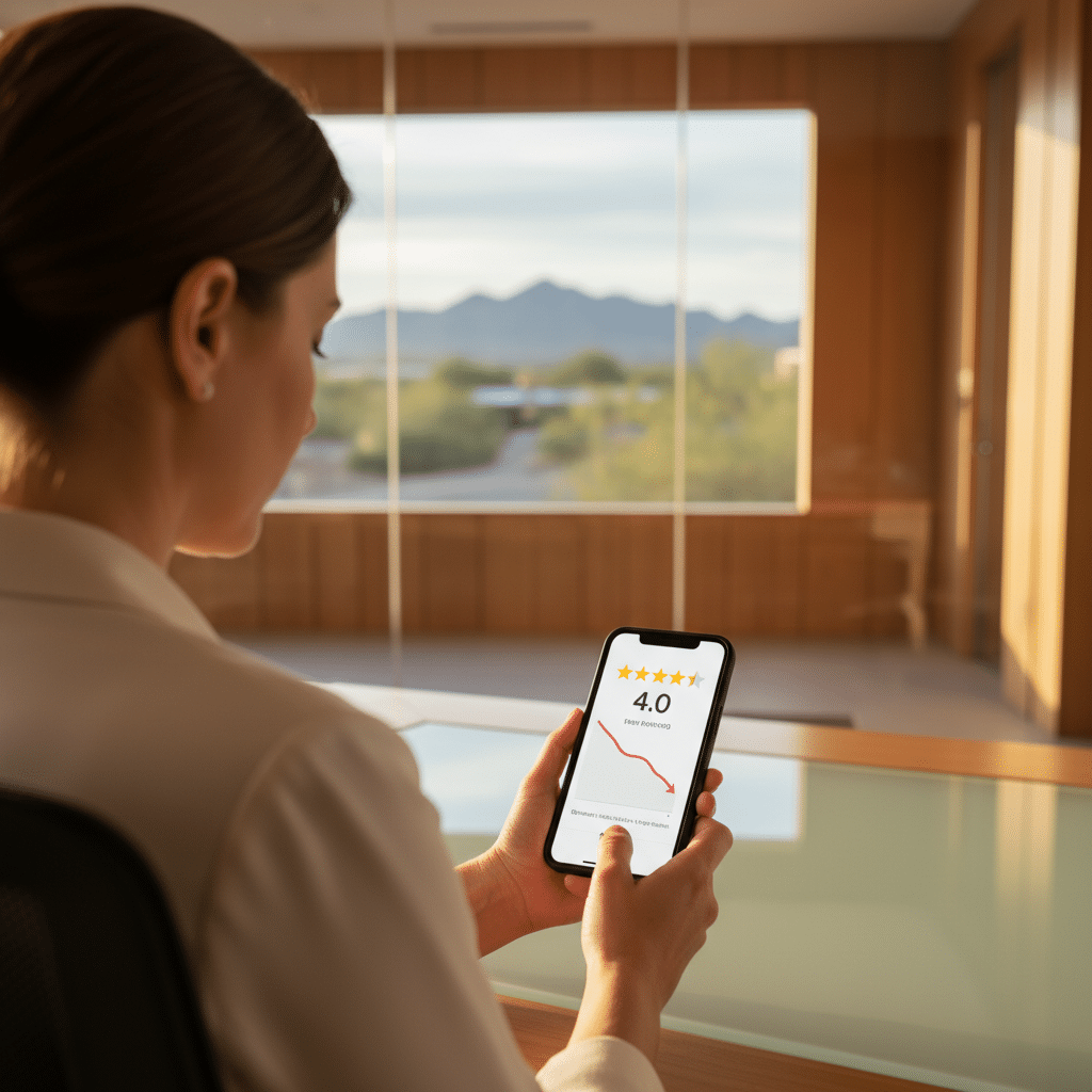 Tucson business owner reviewing a dropping Google star rating on a smartphone