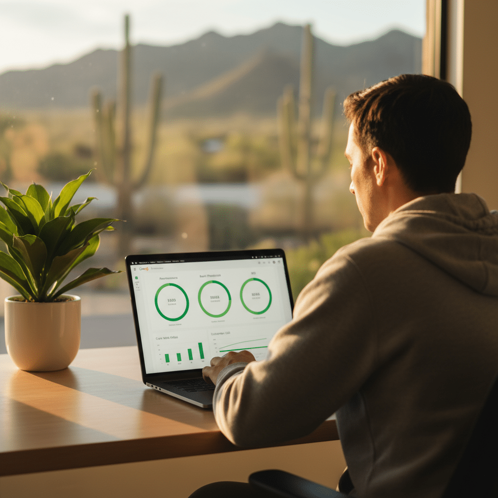 Developer reviewing PageSpeed Insights with green Core Web Vitals on a Tucson office desk