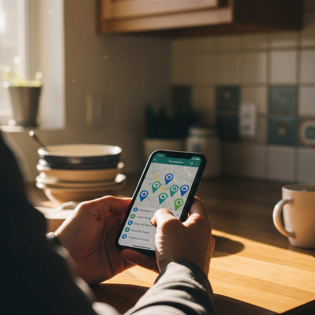 A Tucson homeowner using a smartphone to search for a nearby home-service provider in the local map pack